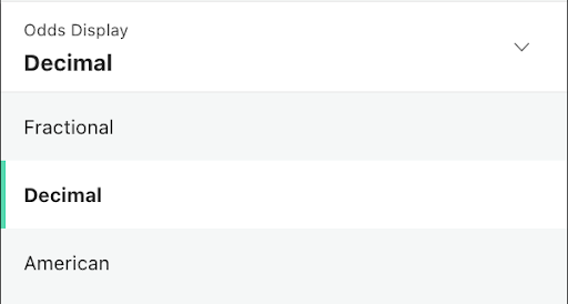 Odds display on bookmaker website, showing fractional, decimal and American odds format options